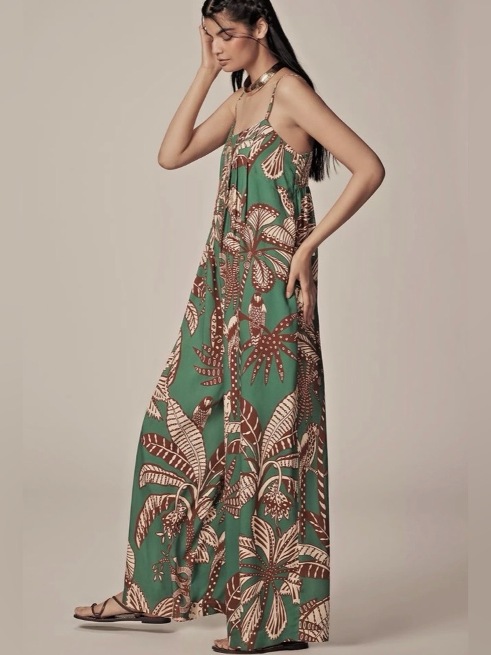 Farm Rio x Anthropologie Waistless Printed Jumpsuit in Amazonian color size S